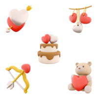 3d renderen cupido's pijl en boog, hangende harten, taart, teddy beer icoon set. 3d geven valentijnsdag dag concept verschillend standen icoon set. png