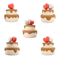 3d rendering double layer cake for valentine's day icon set. 3d render cake with white and red heart on top different positions icon set. png