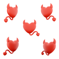 3d representación corazón con diablo cuernos y cola icono colocar. 3d hacer diabólico corazón, decoración para San Valentín día diferente posiciones icono colocar. png