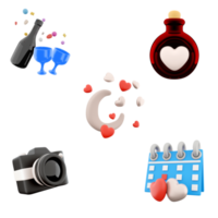 3d rendering a bottle of wine and two glasses, moon with hearts, photo camera, calendar 14th of February icon set. 3d render Valentine's Day concept icon set. png