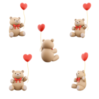 3d representación osito de peluche oso con corazón icono colocar. 3d hacer juguete oso con en forma de corazon pelota diferente posiciones icono colocar. png