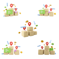 3d renderen vier papier dozen met plaats teken icoon set. 3d geven levering van kennisgeving dozen en confetti verschillend standen icoon set. png