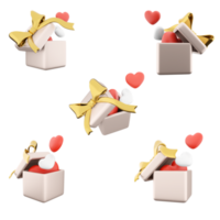 3d tolkning vit gåva låda med röd och vit hjärtan ikon uppsättning. 3d framställa låda med gul gåva band för valentines dag annorlunda positioner ikon uppsättning. png