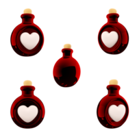 3d representación un botella de vino icono colocar. 3d hacer vino en un redondo botella con un corazón emblema diferente posiciones icono colocar. png