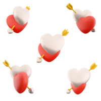 3d rendering two white and red hearts pierced by cupid's arrow icon set. 3d render decorations for valentine's day different positions icon set. png