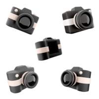 3d rendering photo camera with with lens and button icon set. 3d render black and white color camera different positions icon set. png