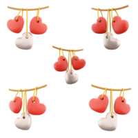 3d rendering hanging on a string of hearts icon set. 3d render white and red hearts on a branch different positions icon set. png