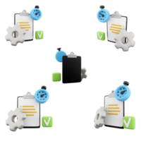 3d renderen kladblok, timer en uitrusting icoon set. 3d geven werk in focus, productiviteit, zelf discipline verschillend standen icoon set. png