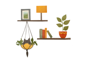 set of watercolor elements on transparent background for scrapbooking and interior design. cat is sitting, on wooden shelf there are books, flower in pot, table lamp, vase with fruit and watering can png