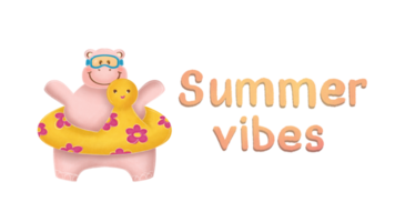 Summer sea postcard with cartoon hippo in an inflatable circle and text summer vibe on a transparent background. Clipart Hello June png