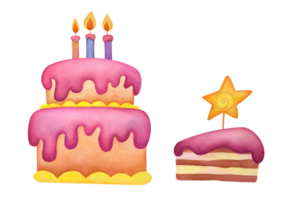 festlig choklad svamp kaka med tre ljus, rosa glasyr, stjärnor och bit av kaka Nästa till Det. bakverk affär och bageri meny. framställning sötsaker och desserter för födelsedag, bröllop, högtider png