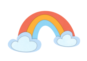 clipart Cute colorful rainbow isolated covered by clouds on transparent background. Paper cut style Decoration illustration for children, kids, posters, prints, cards, fabric png