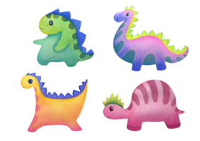 Hand-painted watercolor cute multicolored dinosaurs isolated on transparent background. set illustrations for childish books and encyclopedias about Mesozoic era, Jurassic, Cretaceous periods png