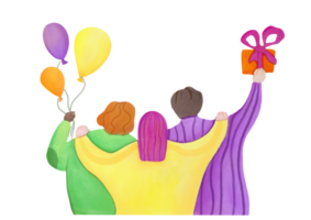 grupo de contento personas felicitar en día festivo, cumpleaños, sostener globos y regalo cajas con regalos en su manos. acuarela saludo tarjeta para amigos, en de moda colores en transparente antecedentes png
