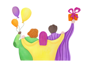 groupe de content gens féliciter sur vacances, anniversaire, tenir des ballons et cadeau des boites avec présente dans leur mains. aquarelle salutation carte pour amis, dans branché couleurs sur transparent Contexte png