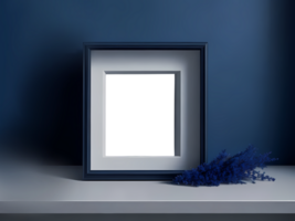 brincar com quadrado Preto esvaziar foto quadro, Armação e seco flores objetos ficar de pé em luz mesa contra Sombrio muro. decoração do moderno minimalista interior. ai gerado png