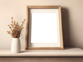 empty picture frame mockup on wooden table. Interior design of living room with brown mock up photo frame. Beige modern design of cozy interior in eco style made of natural materials. Ai generated png