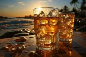 frío como hielo cerveza en vaso en un playa. ai generativo foto