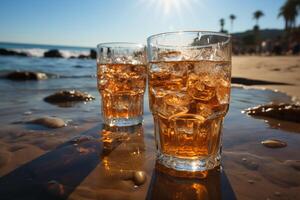 frío como hielo cerveza en vaso en un playa. ai generativo foto