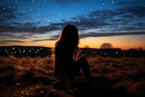 Silhoutte of girl looking into space on a field. photo