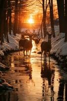 maravilloso fotografía de un manada de ciervo en congelado bosque. ai generativo foto