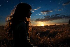 Silhoutte of girl looking into space on a field. photo