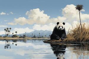 a lonely sad panda bear sits in front of a palm tree. photo
