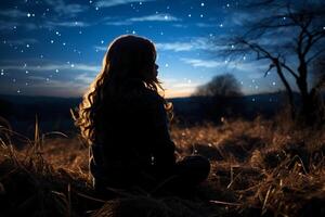 Silhoutte of girl looking into space on a field. photo