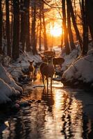 Stunning photography of a herd of deer in frozen forest. AI generative photo