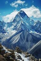 el base de montar Everest desde un rocoso suelo, en el estilo de ligero cielo. ai generativo foto