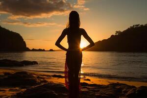 un cinematográfico y hermosa hembra activo ropa de deporte modelo, completando un yoga actitud en un tranquilo playa. ai generativo foto