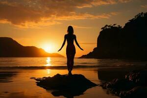 A cinematic and beautiful female active sportswear model, completing a yoga pose on a tranquil beach. AI generative photo