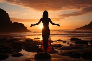 A cinematic and beautiful female active sportswear model, completing a yoga pose on a tranquil beach. AI generative photo