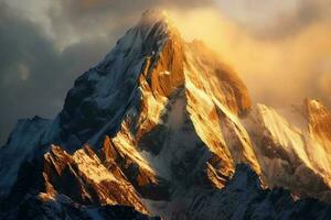 photo ofa rugged mountaineer Alpine peak. AI generative
