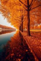 Stunning detail reflection of the golden and orange katsura trees around the natural round lake. AI generative photo