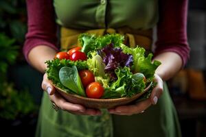 Woman holding a bowl of salad, with vibrant vegetables and a light dressing. AI generative photo