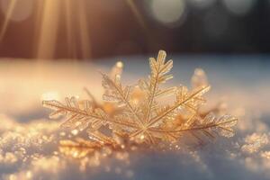 Macro photo of snow flakes falling, blurred background, hyper real, very detailed, sunbeams, 8k.