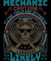 Mechanic caution flying tools and offensive language likely t  shirt design vector