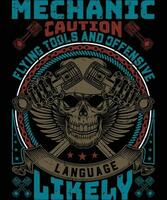 Mechanic caution flying tools and offensive language likely t  shirt design vector