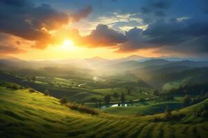 The sun rises over a hillside with grassy fields and an area with a hill. AI generative photo