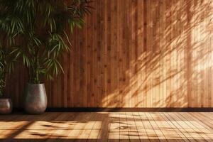 sunlight of tropical bamboo tree leaf shadow on brown wooden panel wall with wood grain. AI generative photo