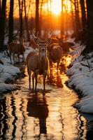 Stunning photography of a herd of deer in frozen forest. AI generative photo