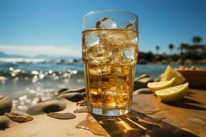 Icecold beer in glass on a beach. AI generative photo