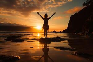 A cinematic and beautiful female active sportswear model, completing a yoga pose on a tranquil beach. AI generative photo