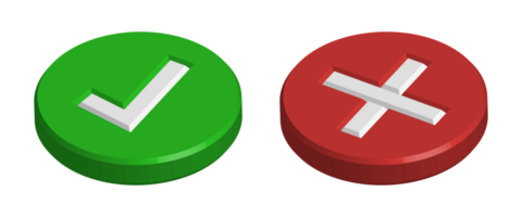 Realistic 3D Green Right Check Mark Icon, Wrong Checkmark Icon, Glossy And Shiny Tickmark Icon And Cross Mark Icon, Green And Red Realistic Checkmark With Correct and Wrong Or X Mark png