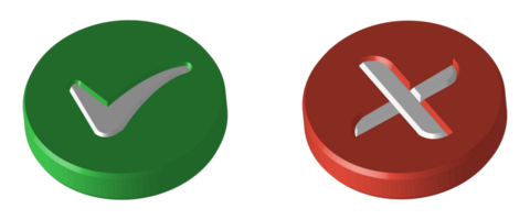 Realistic 3D Green Right Check Mark Icon, Wrong Checkmark Icon, Glossy And Shiny Tickmark Icon And Cross Mark Icon, Green And Red Realistic Checkmark With Correct and Wrong Or X Mark png