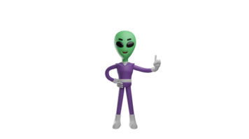 3D illustration. Charming Alien 3D cartoon character. The aliens pointed up. The alien seemed to be explaining something and put one hand on his waist. 3D cartoon character png