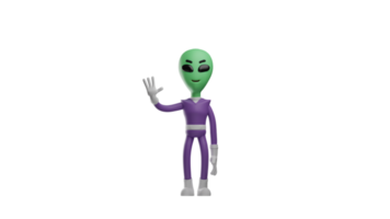 3d illustration. mignonne extraterrestre 3d dessin animé personnage. le extraterrestre des stands et visages avant. extraterrestre agité à toutes les personnes il rencontré. extraterrestre portant une violet costume. 3d dessin animé personnage png