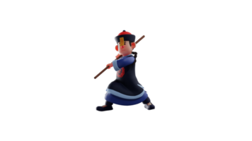 3D illustration. Boy 3D cartoon character. Boys wearing vampire costumes. A boy in a ready-to-fight pose carrying a long wooden stick. 3D cartoon character png