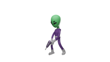 3D illustration. Diligent Alien 3D cartoon character. Alien is carrying out his work using a drill. The alien showed a serious expression while working. 3D cartoon character png